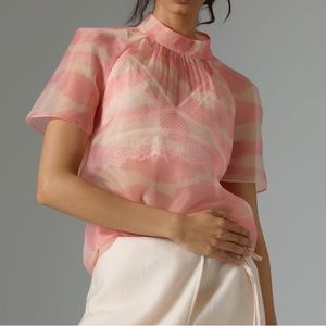 Daniel Rain Mock-Neck Short-Sleeve Blouse pink zebra print sheer top